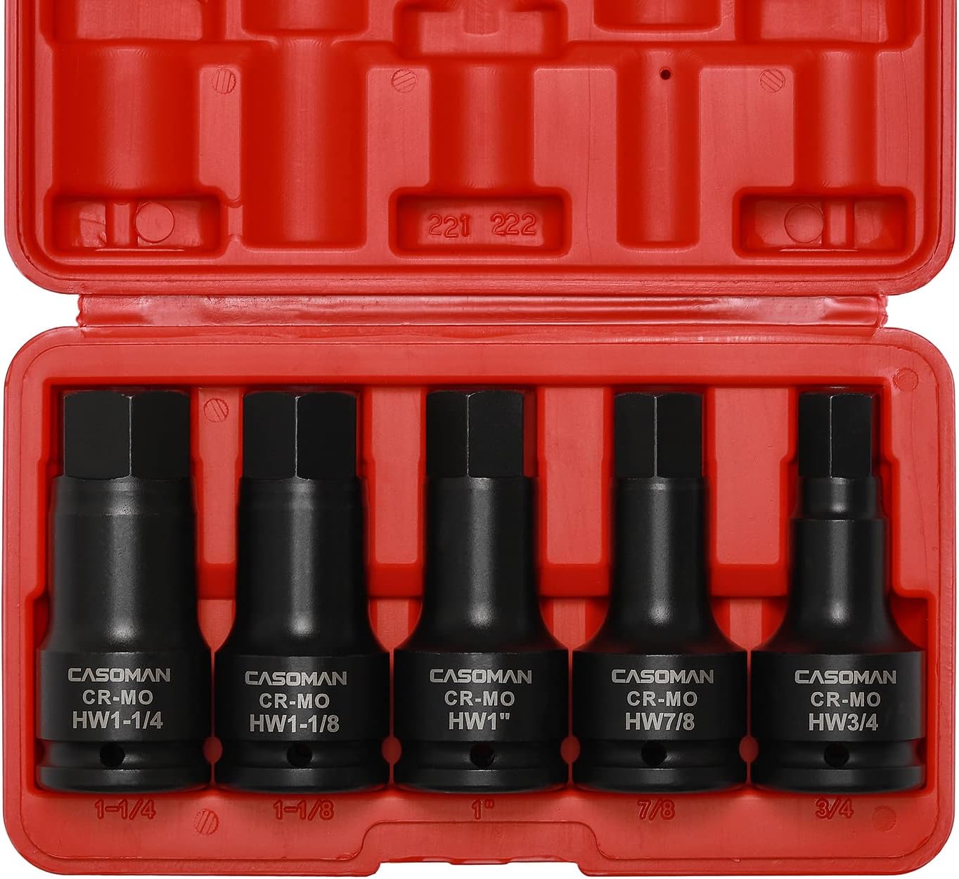 3/4 Inch Drive Impact Hex Driver Set, 5-Pieces, SAE, 3/4", 7/8", 1", 1-1/8", 1-1/4", 3/4" Drive Master Impact Hex Bit Set, CR-MO, Impact Grade, One-Piece Construction