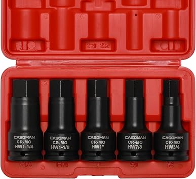 CASOMAN 3/4 Inch Drive Impact Hex Driver Set, 5-Pieces, SAE, 3/4", 7/8", 1", 1-1/8", 1-1/4", 3/4" Drive Master Impact Hex Bit Set, CR-MO, Impact Grade, One-Piece Construction