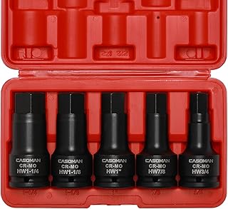 CASOMAN 3/4 Inch Drive Impact Hex Driver Set, 5-Pieces, SAE, 3/4", 7/8", 1", 1-1/8", 1-1/4", 3/4" Drive Master Impact Hex Bit Set, CR-MO, Impact Grade, One-Piece Construction