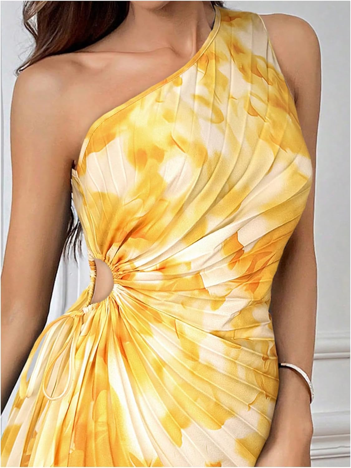 MakeMeChic Women's Summer Dress 2026 Tie Dye One Shoulder Mini Dress Pleated Cut Out Wedding Guest Dresses - Image 4