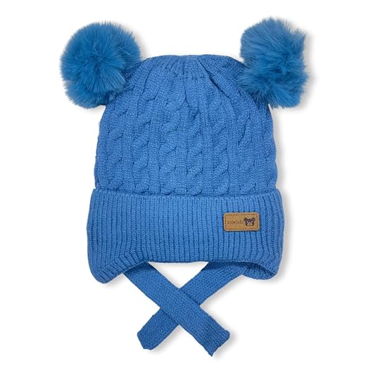 Touca Gorro Infantil de Tricô com Pompom Duplo e Protetor de Orelha, Estilo Cable Knit menino e menina 6 meses a 3 anos