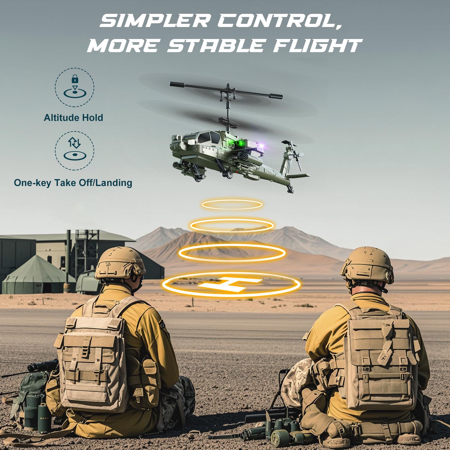 VATOS 2.4G Elicottero telecomandato con 2 batterie e luce LED con decollo con un solo tasto, serie militare di giocattoli elicottero RC per bambini o principianti di età compresa tra 14+