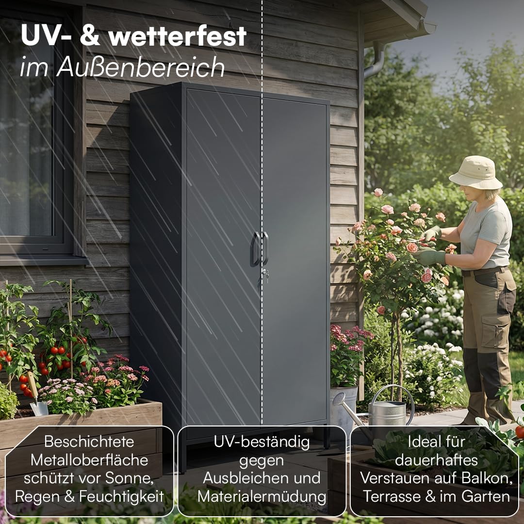 STEELSØN Menkent Outdoor Schrank aus Metall 170x80x45 cm wetterfest Doppeltür Schloss 8 verstellbare Fächer anthrazit