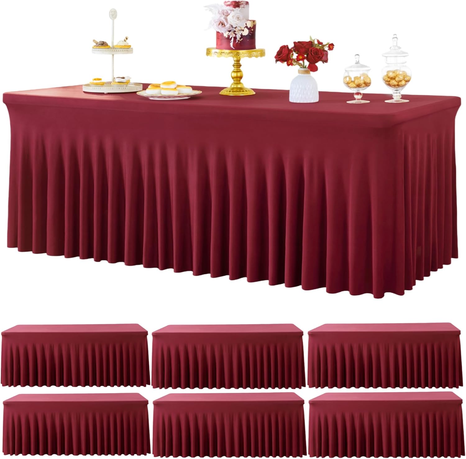 outpain 6ft spandex table cloth for standard folding tables-6pack burgundy table cloth table protector for party, wedding, cocktail, banquet, festival burgundy 6ft(6pack)