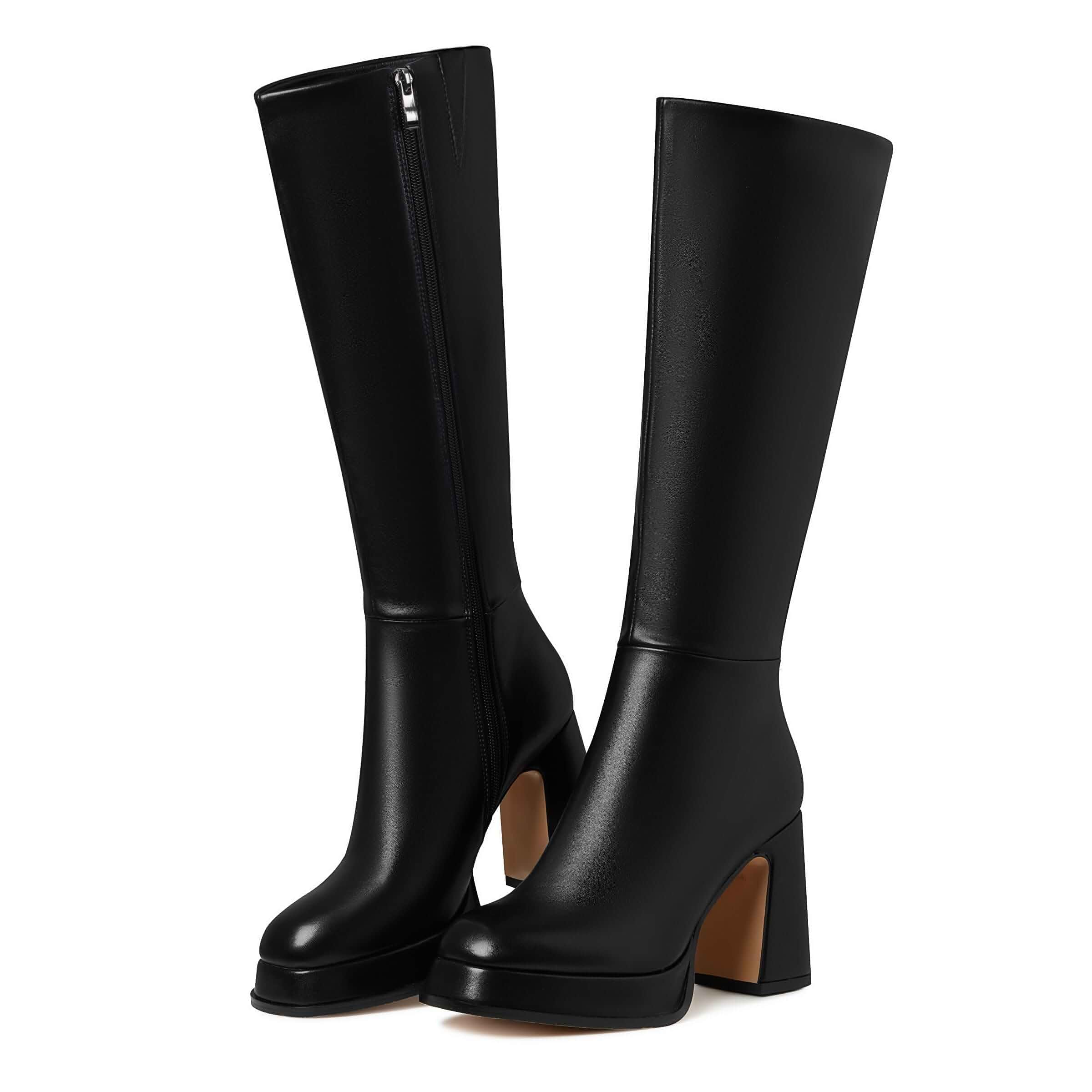 EQAUDES Platform Knee High Boots For Women Tall Fall Chunky Heel Boot Wide Calf, Faux Leather, Square Toe, Side Zipper, High Heel Boot, Long Boots, Fall Winter Outfits