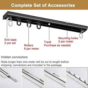 Ceiling Curtains Track Ultra-Thin Curtain Tracks, Aluminum Silent Ceiling Curtain Rail Set with Pulley, Sliding Curtain Rail for Window Room Divider, for Living Room,Hospital(Black,50cm(1.6ft))