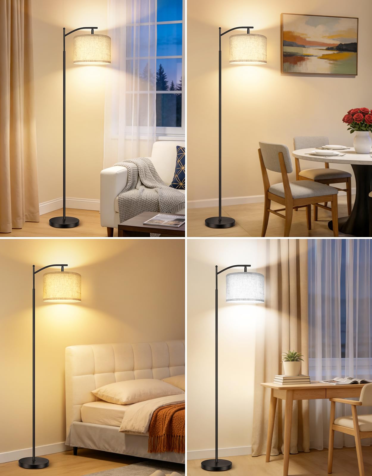 OUTON Lampada da Terra Dimmerabile Continuo 3000K-6500K, LED con Telecomando Magnetico e Pedale, Timer 1H e Memoria, Testa Rotante 90°, Paralume in Lino Bambù, 9W, per Soggiorno Camera Ufficio