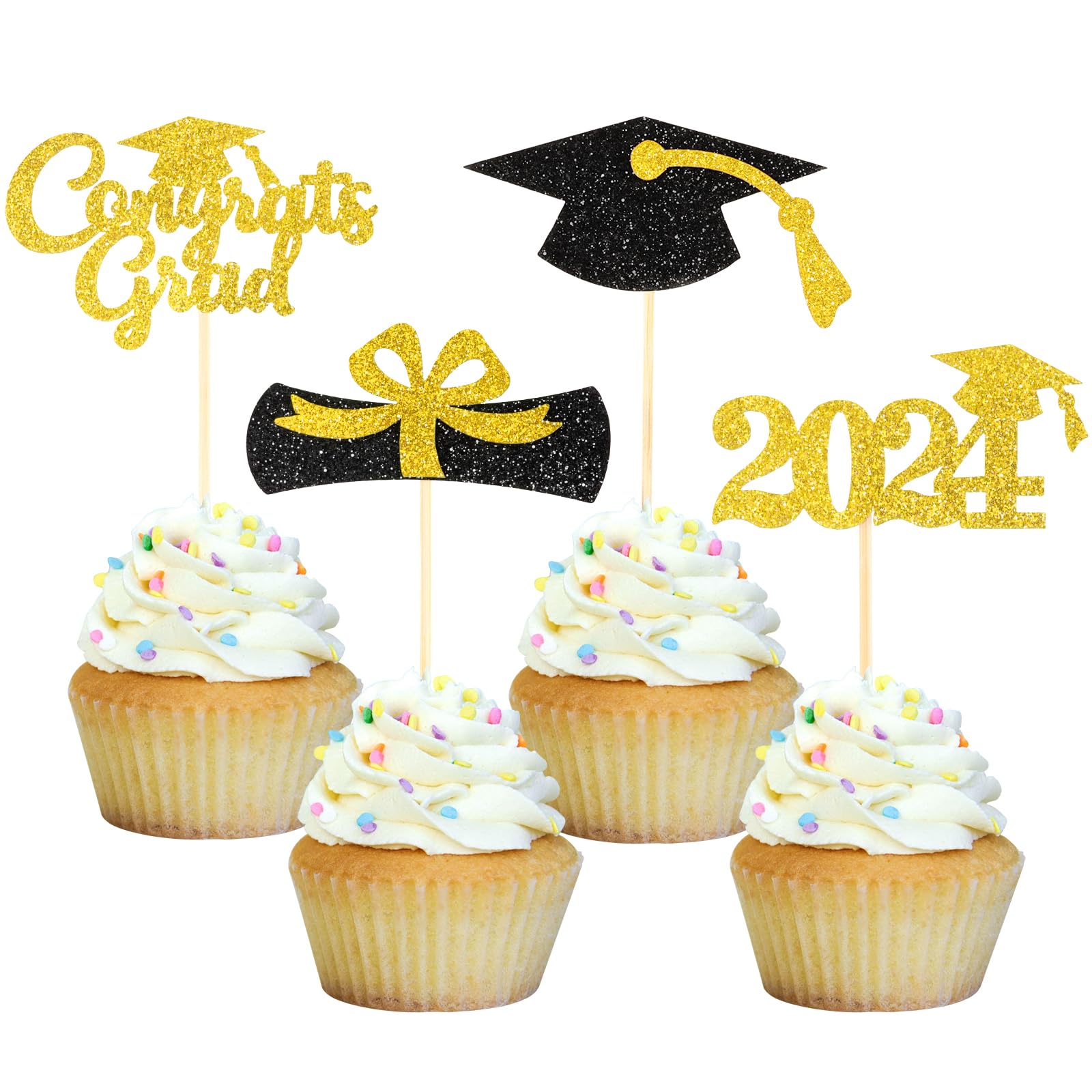 2024 Graduation Cupcake Toppers Class of 2024 Cupcake Topper 2024 Graduation Cake Toppers Graduation Cap Cupcake Picks for 2024 Graduation Theme Party Cupcake Decorations No DIY Need 24PCS (Gold)