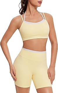 OMKAGI Workout Sets for Women Cute Doubel Layer Open Back Sports Bras Gym Shorts Outfits