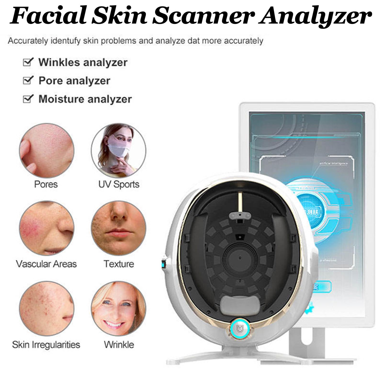 Máquina De Análisis De Piel 3D,Analizador De Humedad Facial Profesional Con 8 Espectros,5 Dimensiones Y 14 Indicadores Análisis De Datos,Almacenamiento Infinito Y Plan Recomendado,White-21.5-inch