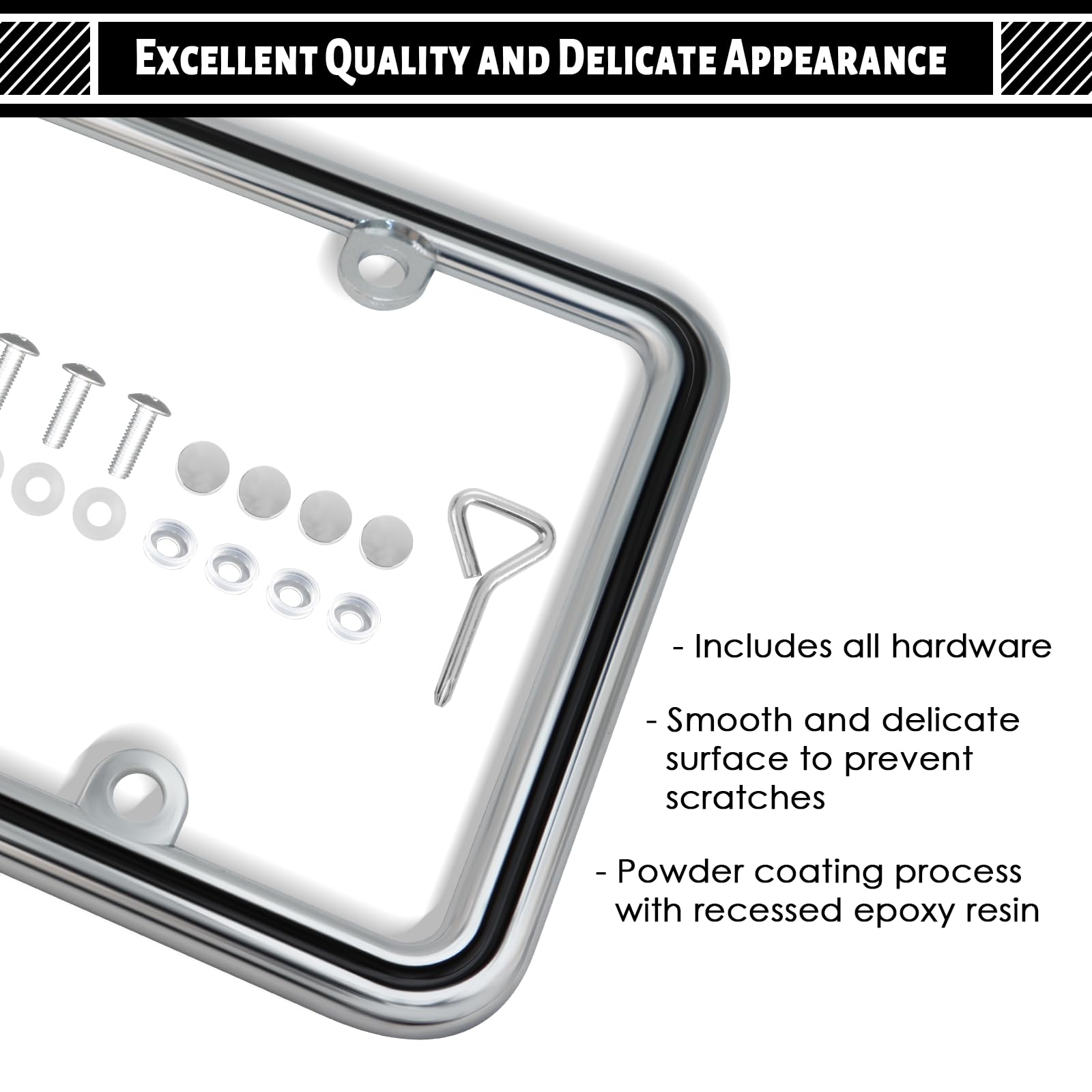 Hanwell Products 1pcs Heavy Duty Metal License Plate Frame, Made of Zinc Alloy with 4 Holes License Plate Holder Never Rust and Unbreakable, with Mounting Hardware Kit, Screws Caps(CHR-Black)