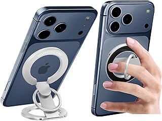 Magnetic-Phone-Ring-Holder with Dual Rings, Compatible with iPhone 17/16/15/14/13/12, Multifunctional Stand for Desk,Office,Gym,Kitchen & All Metal Surfaces, Finger Loop Grip (Silver)