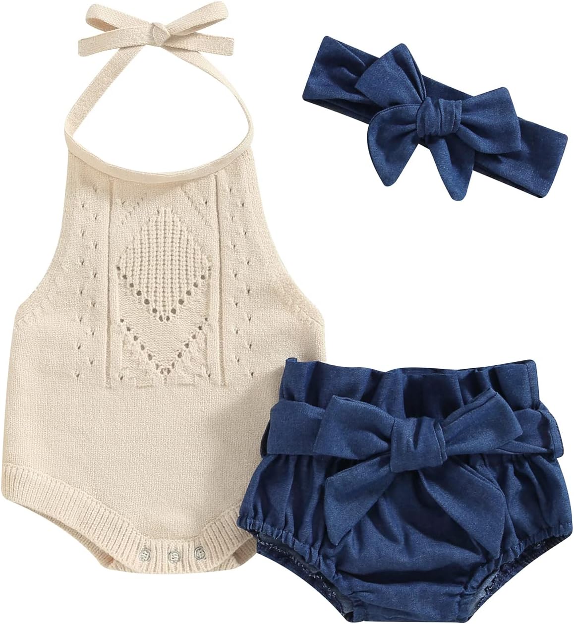 BULINGNA Baby Girl Summer Outfit Sleeveless Halter Neck Knitted Romper + Denim Shorts + Bow Headband Newborn Infant Clothes