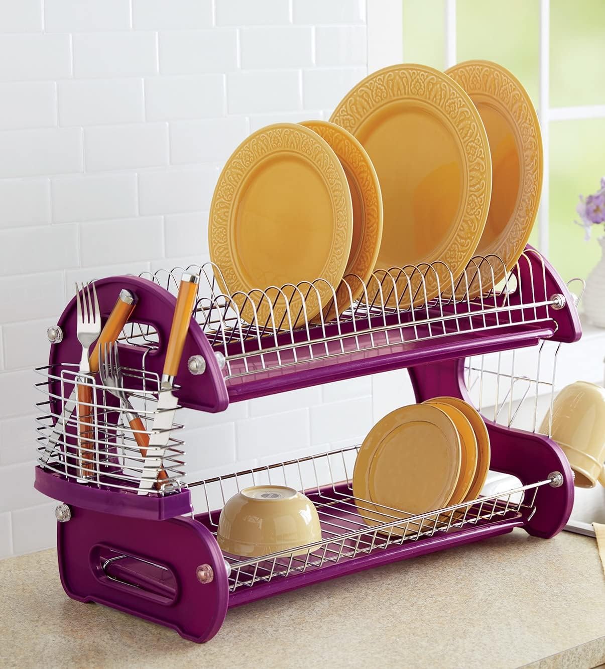 Montgomery Ward Retro 2-Tier Dish Rack, Space-Saving Design, Durable Plastic and Chrome-Plated Wire, Easy Assembly (Black)