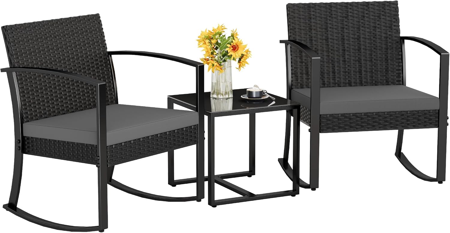 Homall Patio Furniture Set 3 Piece Resin Outdoor Bistro Set Rocking Patio Chairs with Cushions and Table for Porch, Poolside, Balcony and Yard (Black)