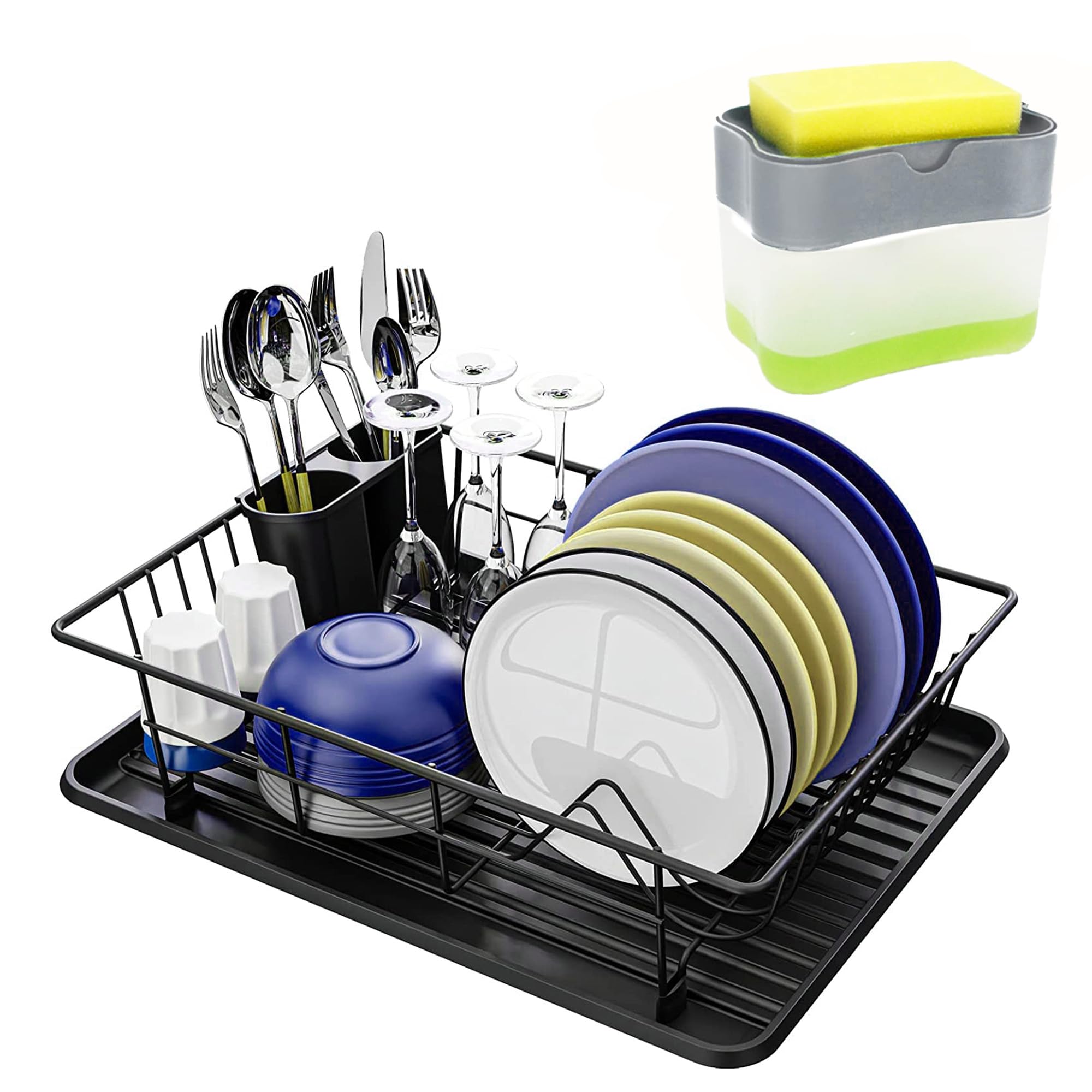 SudhaE Dish Rack with Sponge Holder – dish drying stand – Dish Drainer for Kitchen – Removable Drying Plate Rack – Countertop Dish Drying Rack – Kitchen Organizer Plate Stand - Black