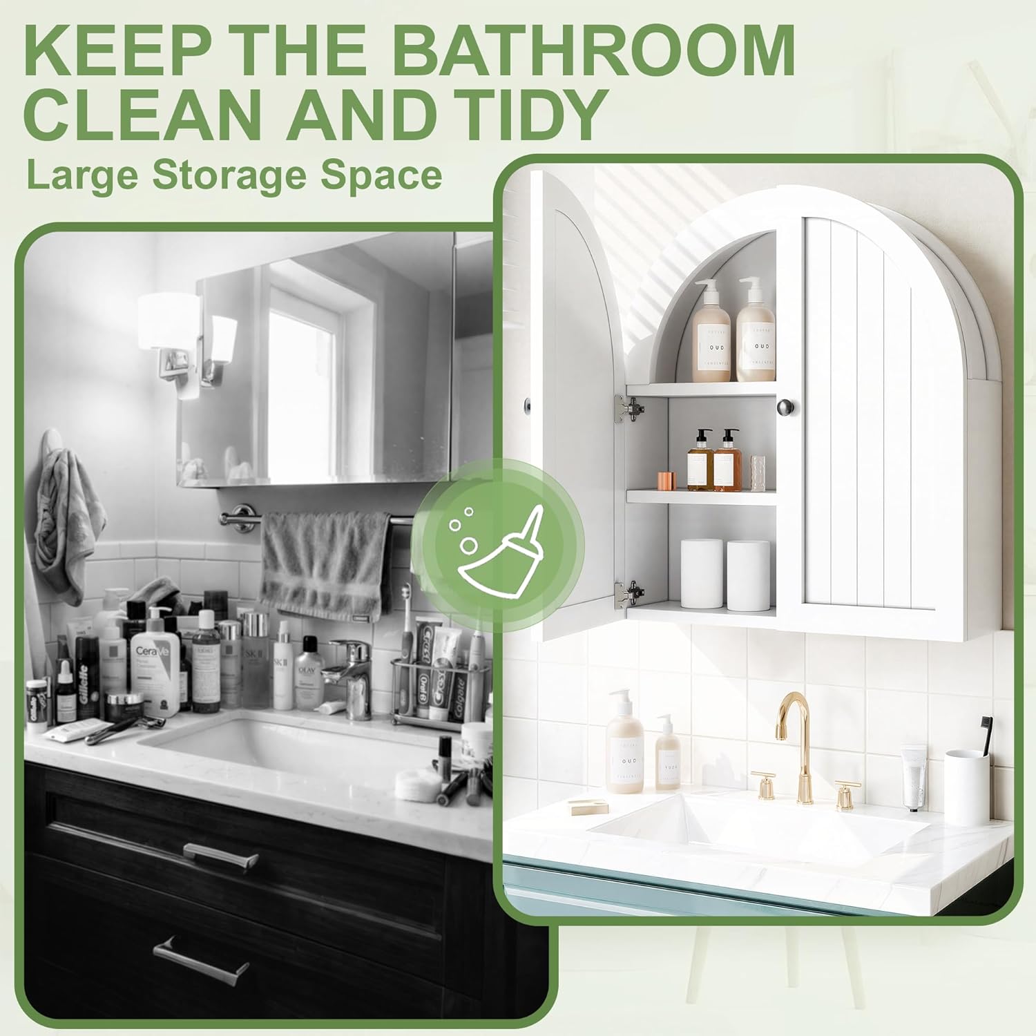 Arched Bathroom Cabinet Wall Mounted with Doors, Adjustable Shelves, Medicine Cabinet Over The Toilet, Wall Cabinet, Storage Cabinet for Bathroom, Laundry Room, Kitchen, White