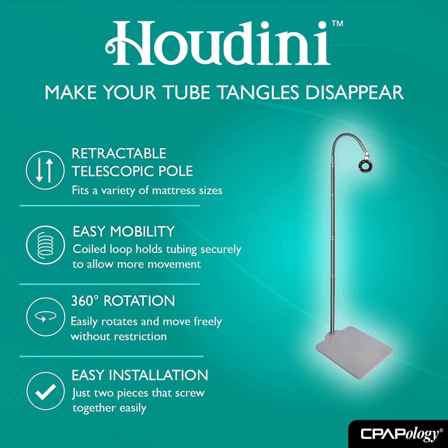 Houdini CPAP Hose Support System | Newly Upgraded | CPAP Bedside Holds Underneath Mattress | Adjustable