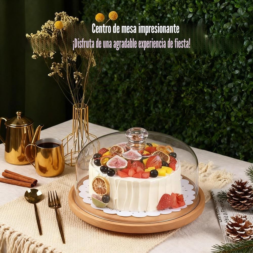 Plato para tartas con tapa, soporte para tartas con pie, placa redonda 4 en 1, campana de madera de 29 cm, plato para tartas, incluye papel de horno y pinzas de cocina, soporte para tartas