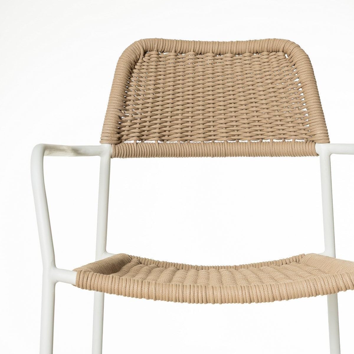 LOLAhome Pack de 4 Silla Deluxe Milos para jardín, Acero Blanco y Cuerda Trenzada Beige, 55x55x83 cm, Ergonómica y Apilable, Tratamiento Anticorrosión y Duraderas, Calidad y Diseño