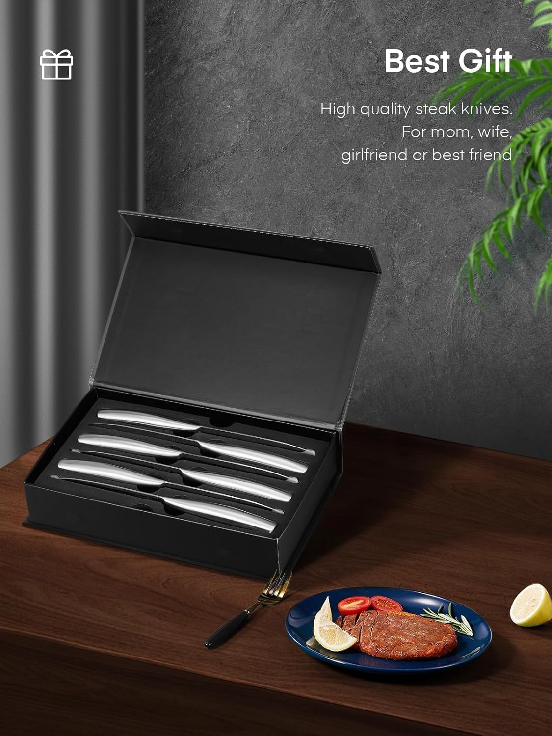 D.Perlla Steak Knives 12 Pieces Micro Serrated Steak Knife Set High Carbon Stainless Steel Steak Knives Set, Elegant Sharp Kitchen Steak Knife Set, Silver