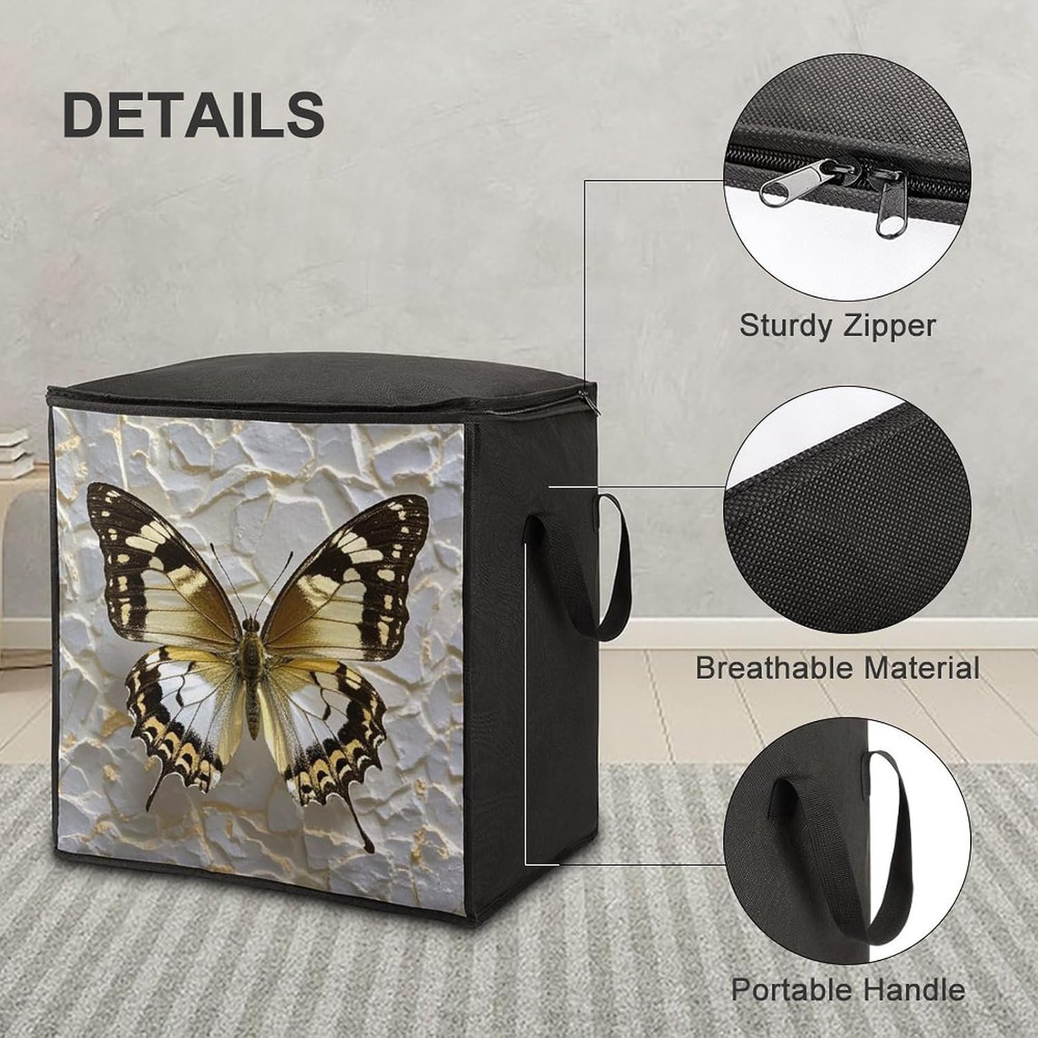 Gold And White Butterfly Storage Bag with Zippers And Handle Extra Large Bedding Comforter Storage Bag Foldable Blanket Storage Bags Fabric Moving Bags for Closet Organizer (70L)