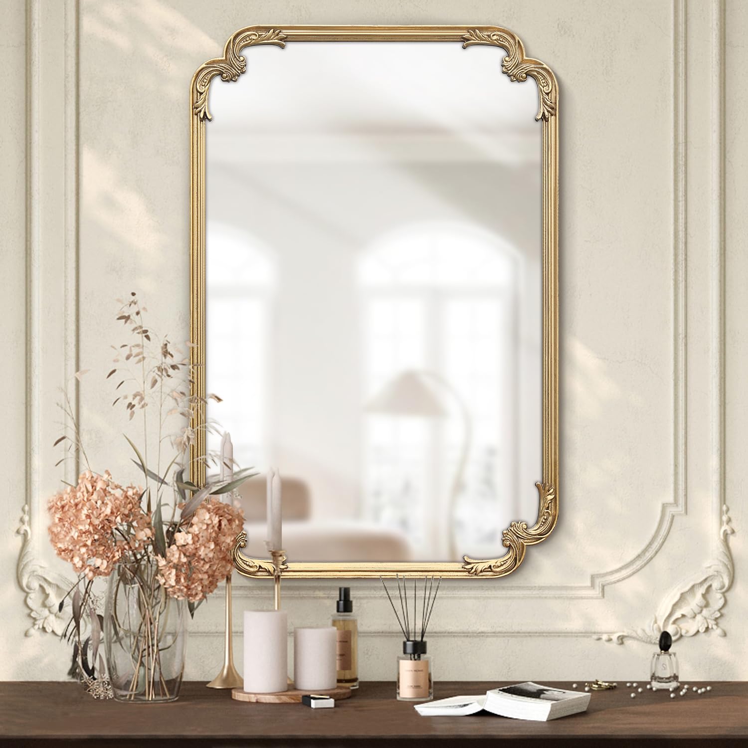 MOBUDAN Ornate Gold Mirror, 24 x 36 Inches Antique Gold Mirror