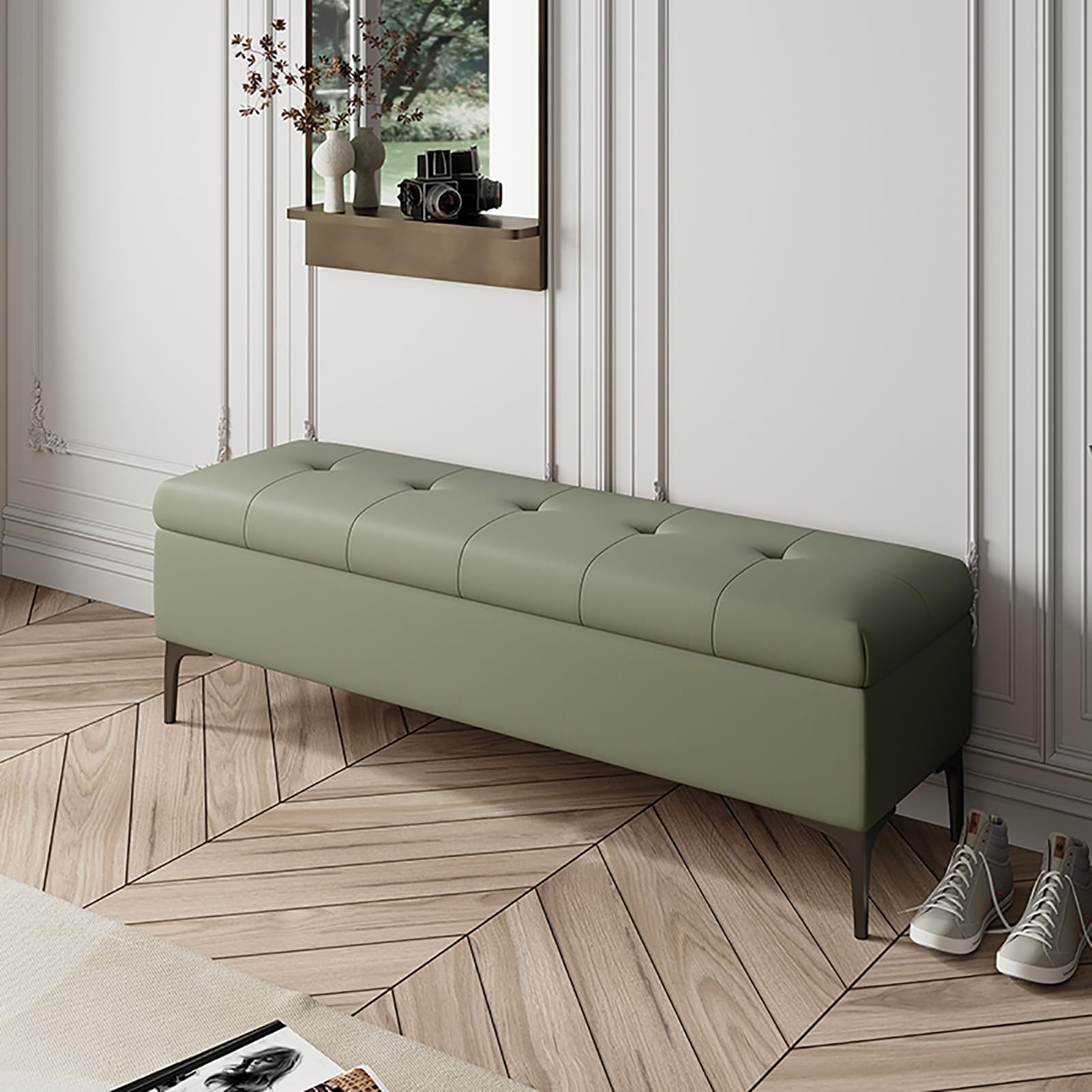 Banc ottoman de rangement en similicuir vert et métal 78cm