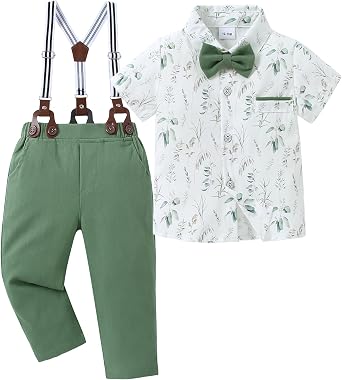 SANMIO Toddler Baby Boy Clothes Suit Gentleman Wedding Outfits, Formal Dress Shirt with Bowtie + Suspender Pants 1-5 Years