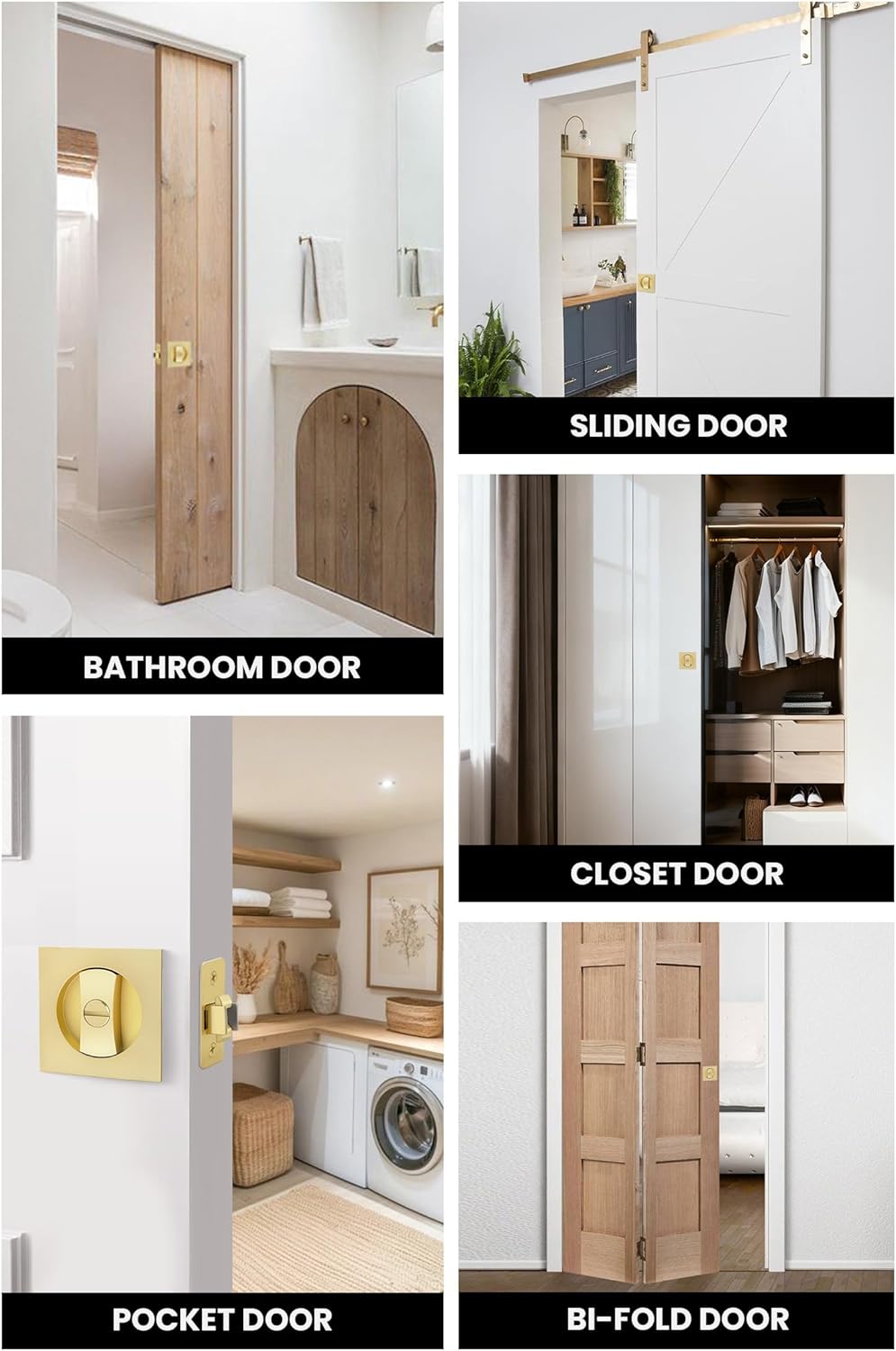 goldenwarm Brushed Gold Square Pocket Door Lock, Pocket Door Hardware for 2-1/8'' Round Bore Hole, Pocket Door Handles Fit 1-1/4'' to 2'' Thickness Sliding Door 2-3/8'' Latch 1 Pack
