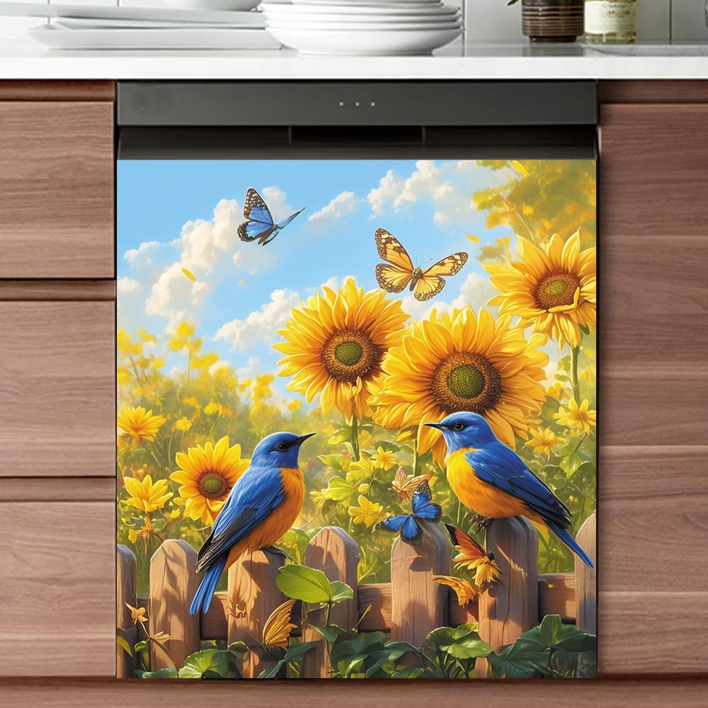 Blue Birds Magnet Dishwasher Cover, Butterfly Sunflower Panels, Garden Flowers Dishwasher Magnetic, Refrigerator Door Decals Kitchen Cabinets Appliance Decor 23Wx26H Vinyl Sticker