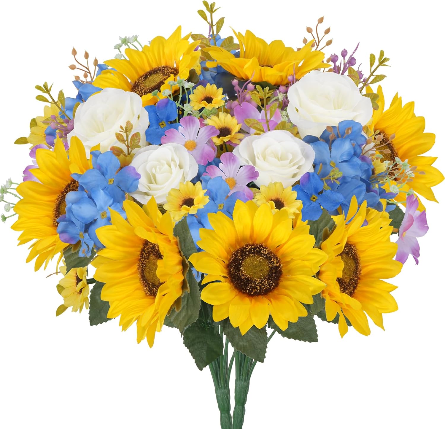 2Pcs Sunflowers Artificial Flowers Bouquets 17.7Inch Cemetery Flowers for Grave with Hydrangea Rose for Gravesites Table DIY Floral Arrangements Wedding Party Decor
