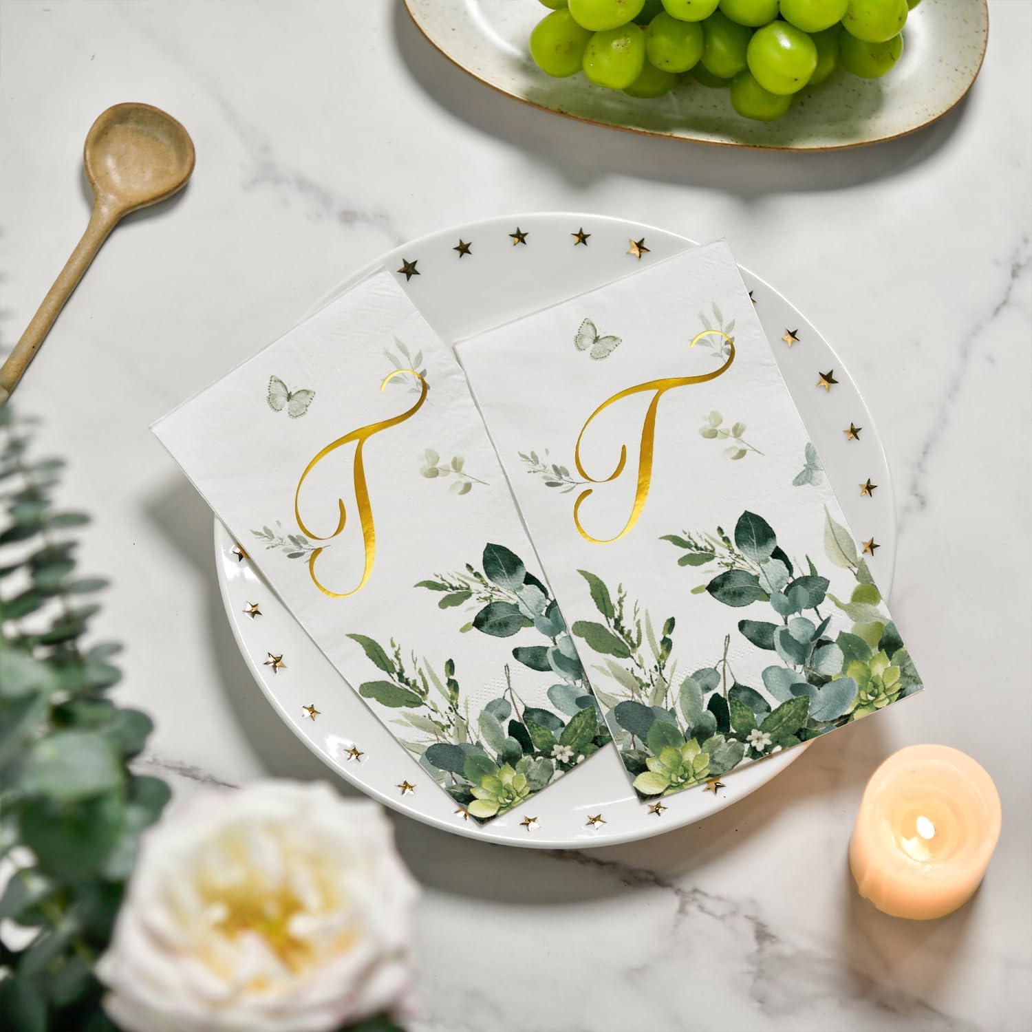 Horaldaily 100 Spring Disposable Paper Decorative Guest Napkins, Watercolor Eucalyptus Monogram Gold Foil Letter T for Party Bathroom Wedding Birthday Baby Shower image 3