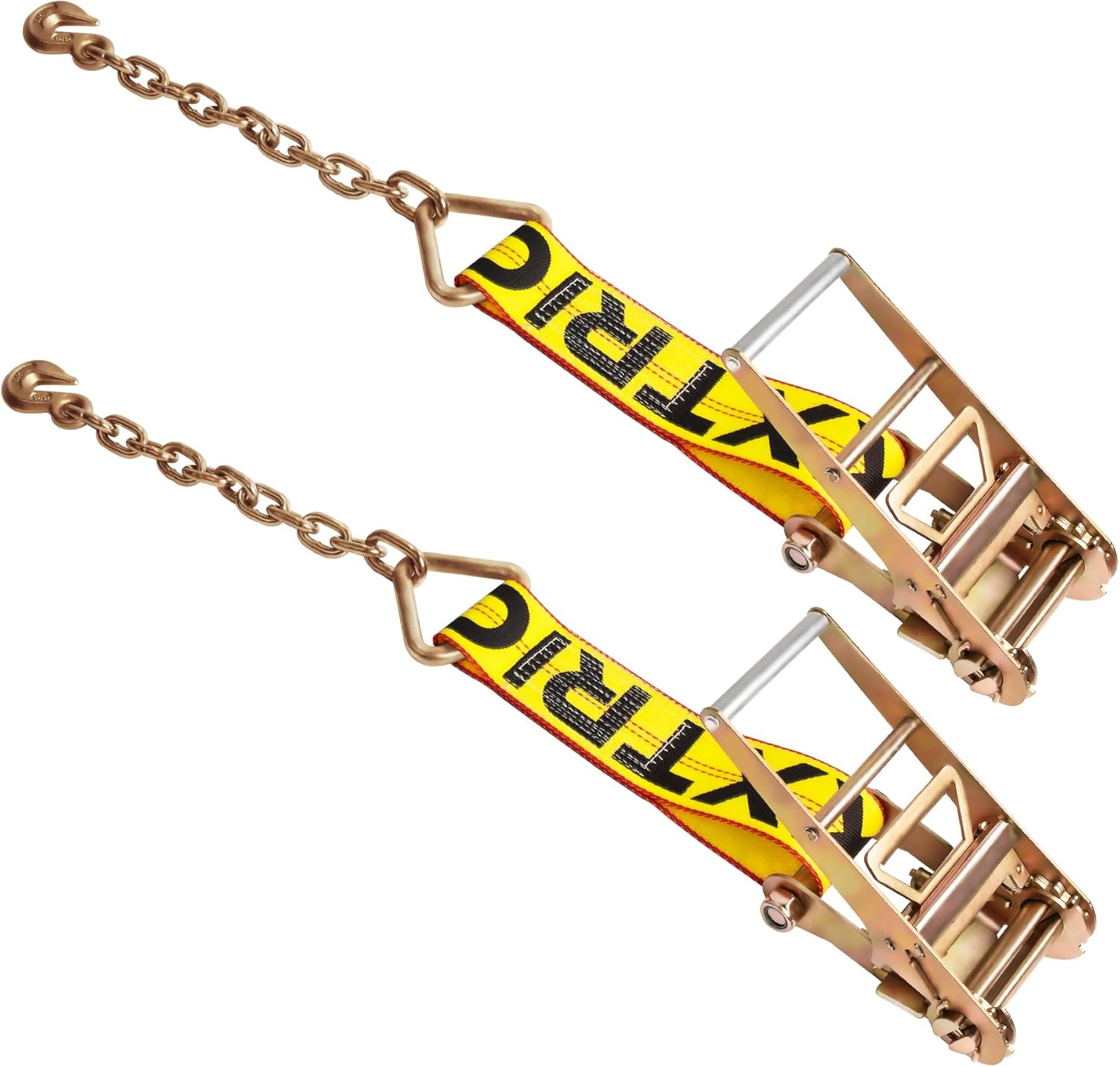 4 Inch Replacement Ratchet w/Chain Anchor,2-Pack – Heavy Duty Ratchet Short Straps with Chains Ends & Grab Hooks for Flatbed Trailers, Trucks, Car Haulers, Heavy Equipment Tie-Downs