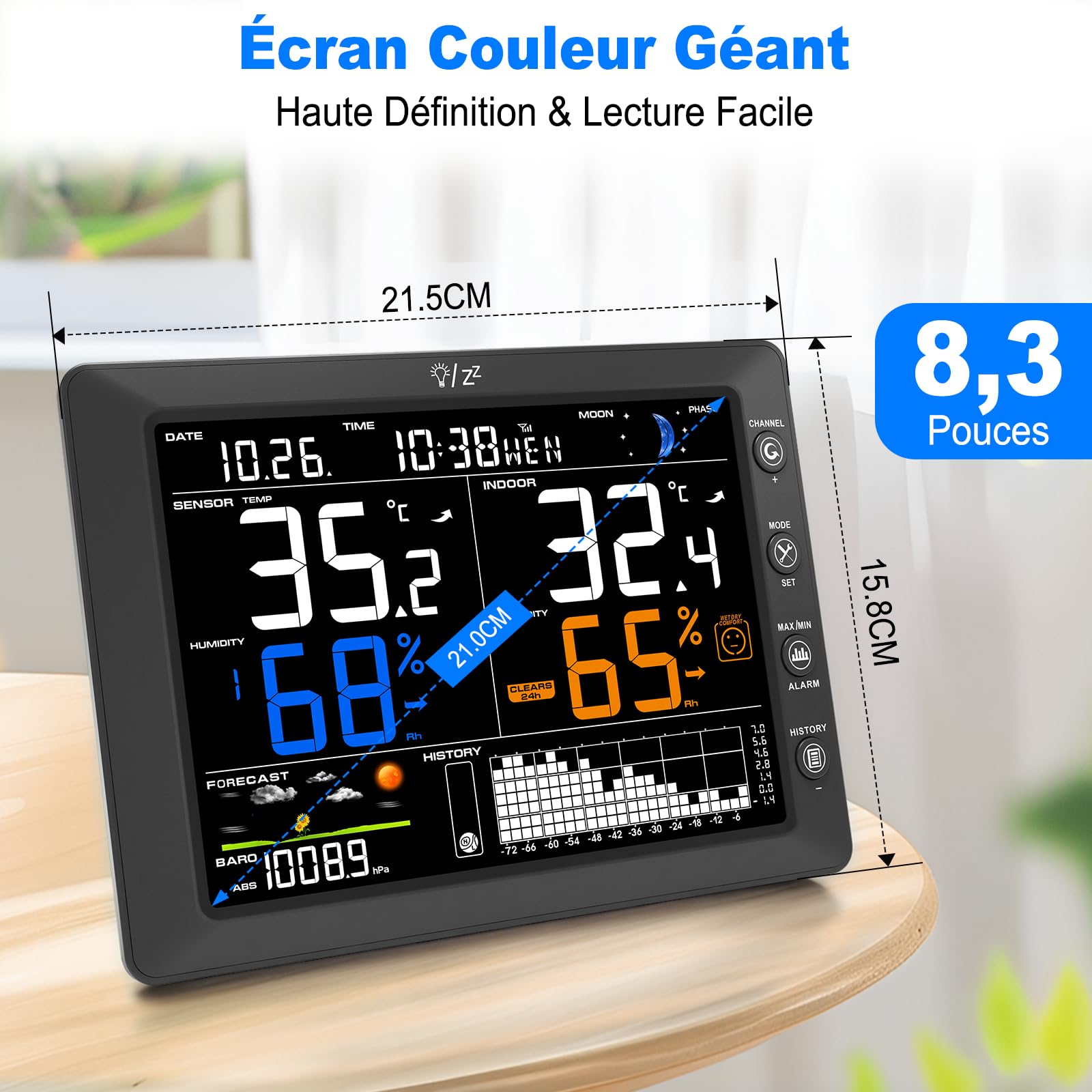 Urageuxy Station Météo Sans Fil avec Capteur Extérieur Écran Couleur 8,3"