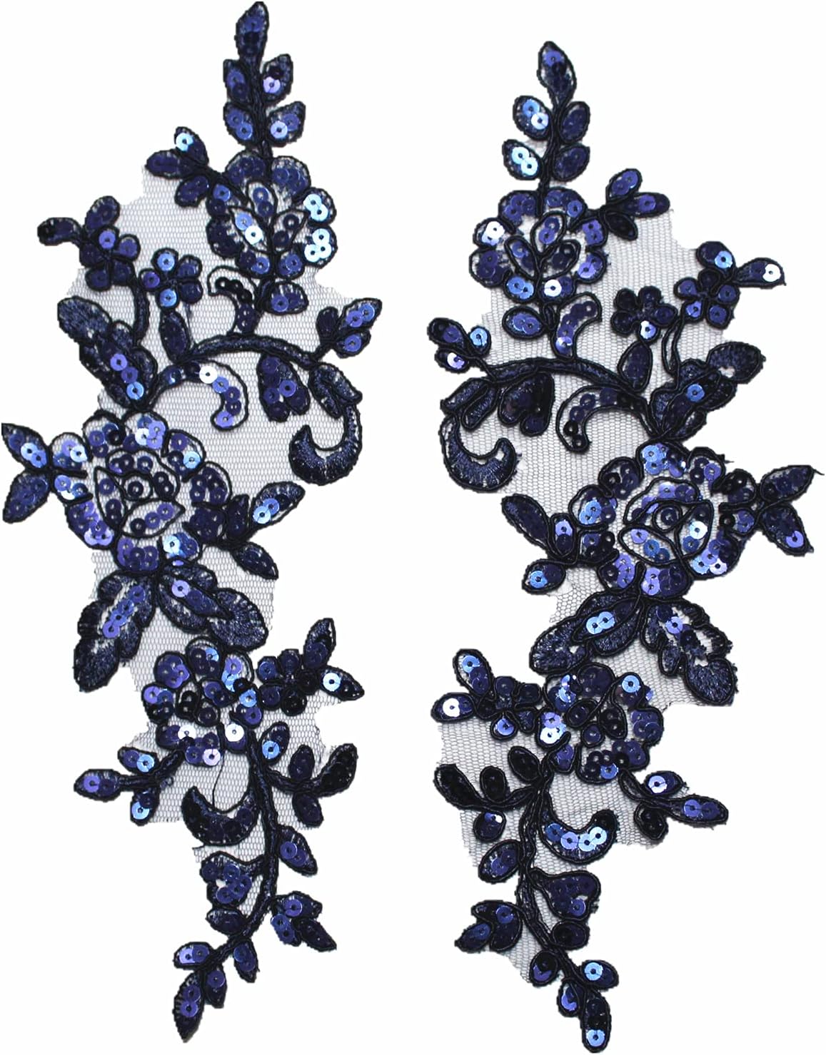 Pair of Embroidery Sequin Lace Applique Sewing Flower Fabric Collar Patch Motif Wedding Gown Dress Bridal DIY Crafts （Navy）