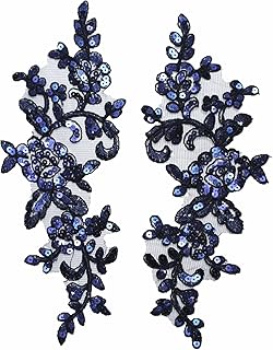 SUNMOVE Pair of Embroidery Sequin Lace Applique Sewing Flower Fabric Collar Patch Motif Wedding Gown Dress Bridal DIY Crafts （Navy）