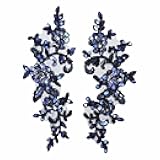 SUNMOVE Pair of Embroidery Sequin Lace Applique Sewing Flower Fabric Collar Patch Motif Wedding Gown Dress Bridal DIY Crafts （Navy）