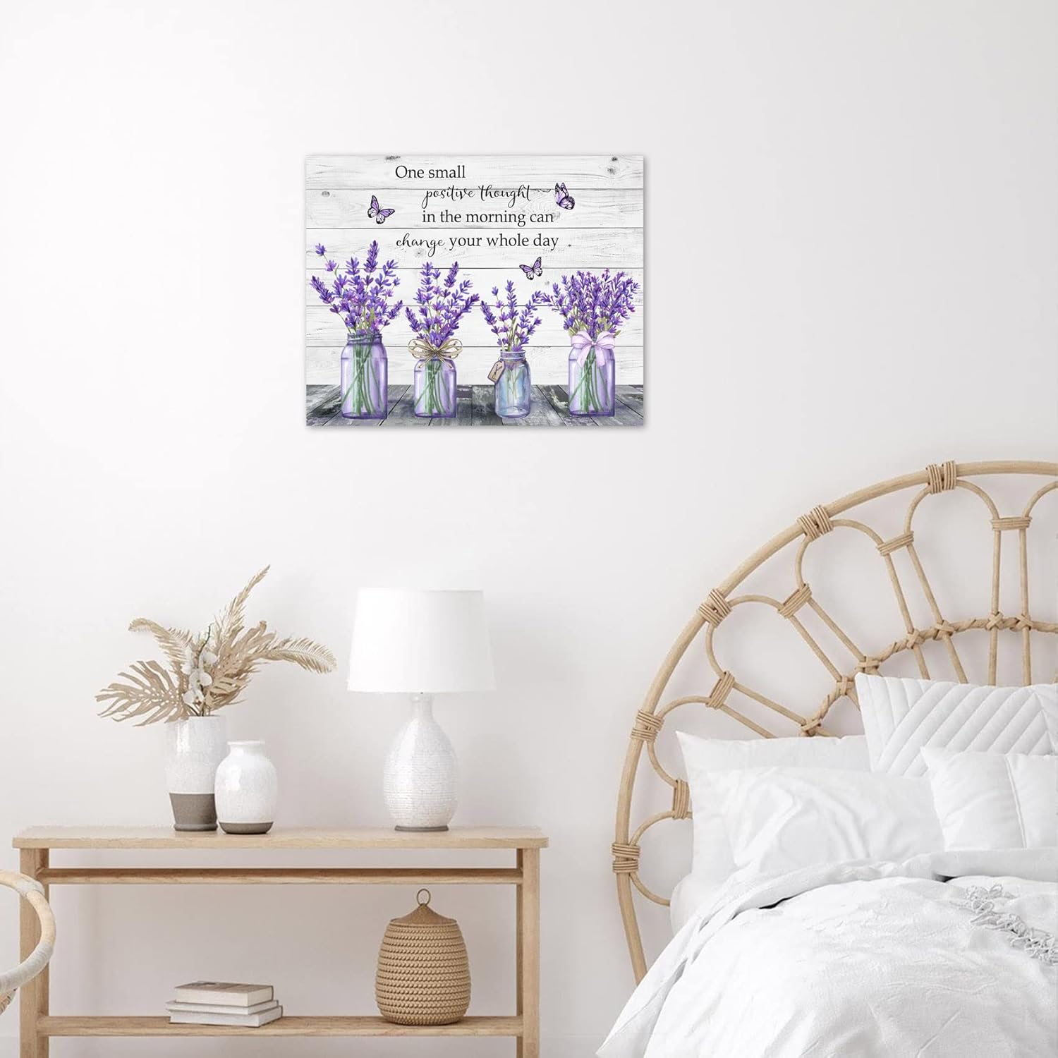 MEUNEAR Farmhouse Floral Canvas Wall Art Lavender and Purple Butterfly and Inspirational Quote on Vintage Wood Boards Wall Art for Bedroom, Flower Wall Decor for Bathroom Living Room, 24X16 inch