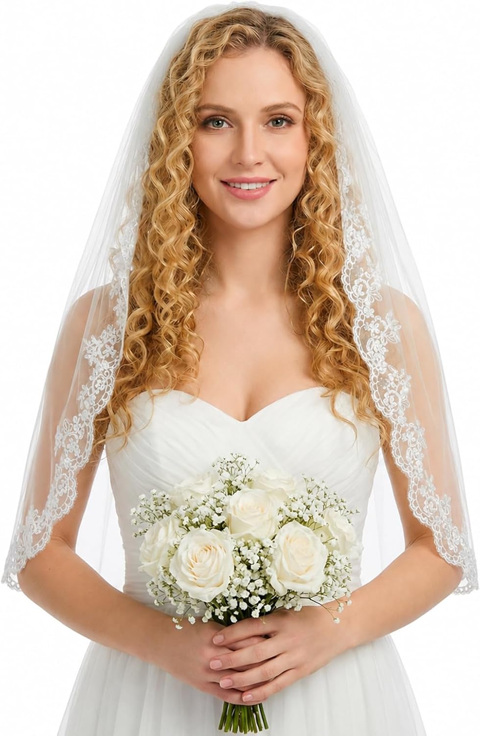 White Wedding Bridal Veil with Comb, 1 Tier Floral Edge Bridal Tulle Veil Lace Wedding Veils