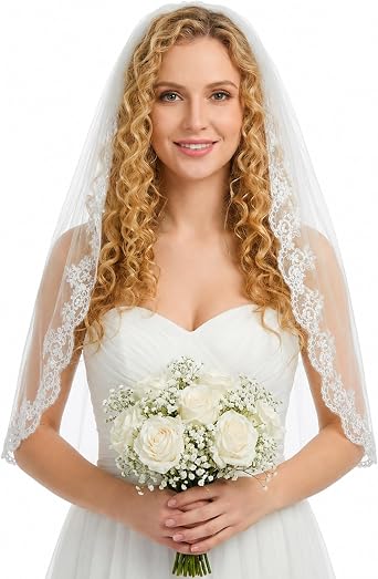 White Wedding Bridal Veil with Comb, 1 Tier Floral Edge Bridal Tulle Veil Lace Wedding Veils