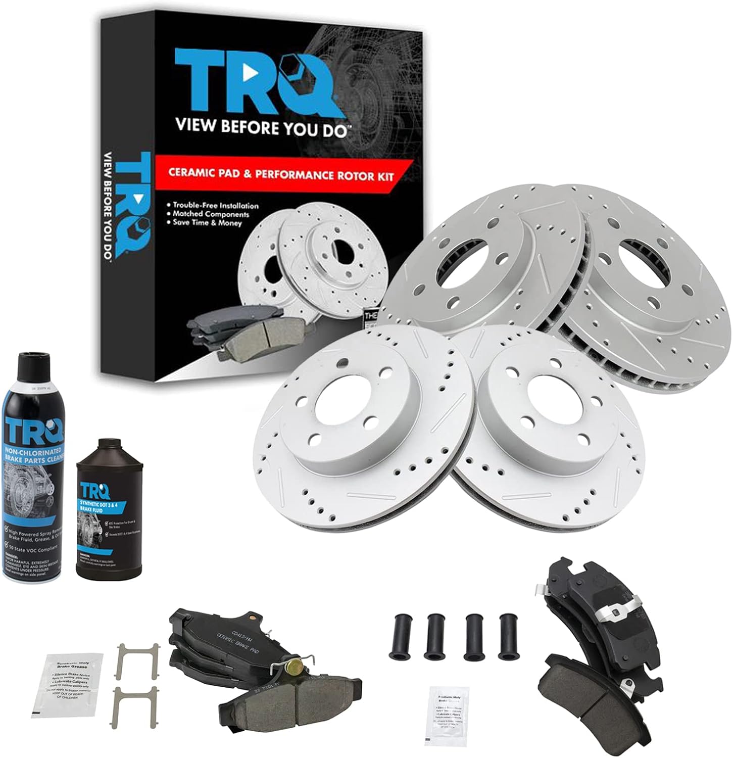 TRQ Front and Rear Performance Brake Pad & Rotor Kit Brake Chemical Kit Brake Pads Brake Rotors Set Ceramic Premium G-Coated Compatible with 1993-1997 Chevrolet Camaro Pontiac Firebird