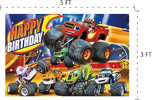 Miniatura 5 de Suministros de fiesta de cumpleaños para blaze Incluye pancarta de feliz cumpleaños inspirada en el fuego, fondo, decoración de pastel, 24 adornos