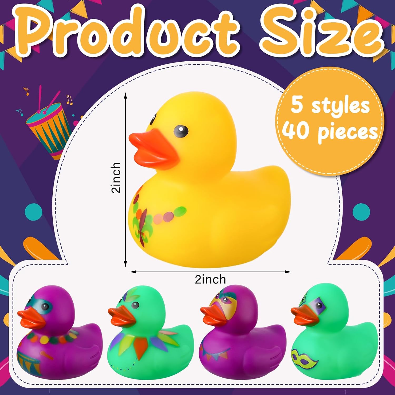 40 Pcs 2 Inch Mardi Gras Rubber Ducks Bulk Tiny Yellow Green Purple Duck Mini Rubber Ducky for Mardi Gras Carnival Themed Party Favors Baby Shower Pool Decoration, 5 Styles