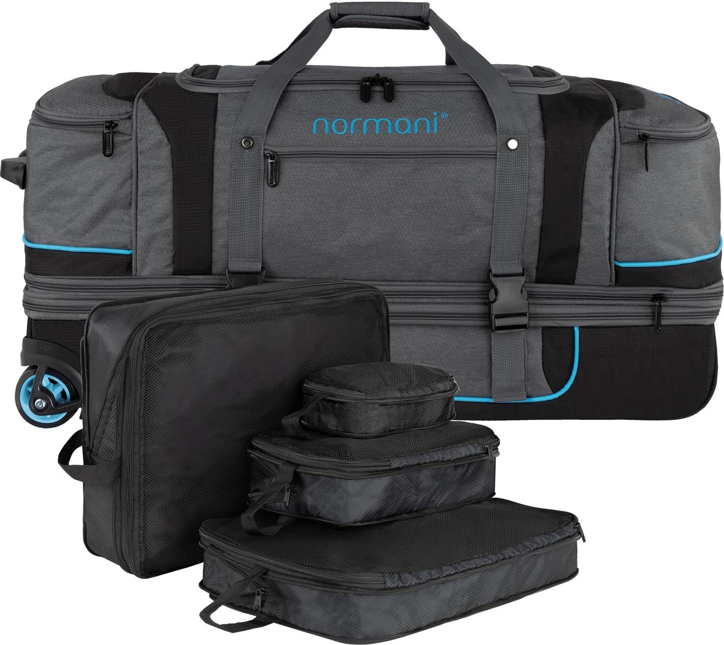 Reisetasche 120-150 L Reisetrolley mit Rollen mit Kleidertaschen Farbe Grau/Blau