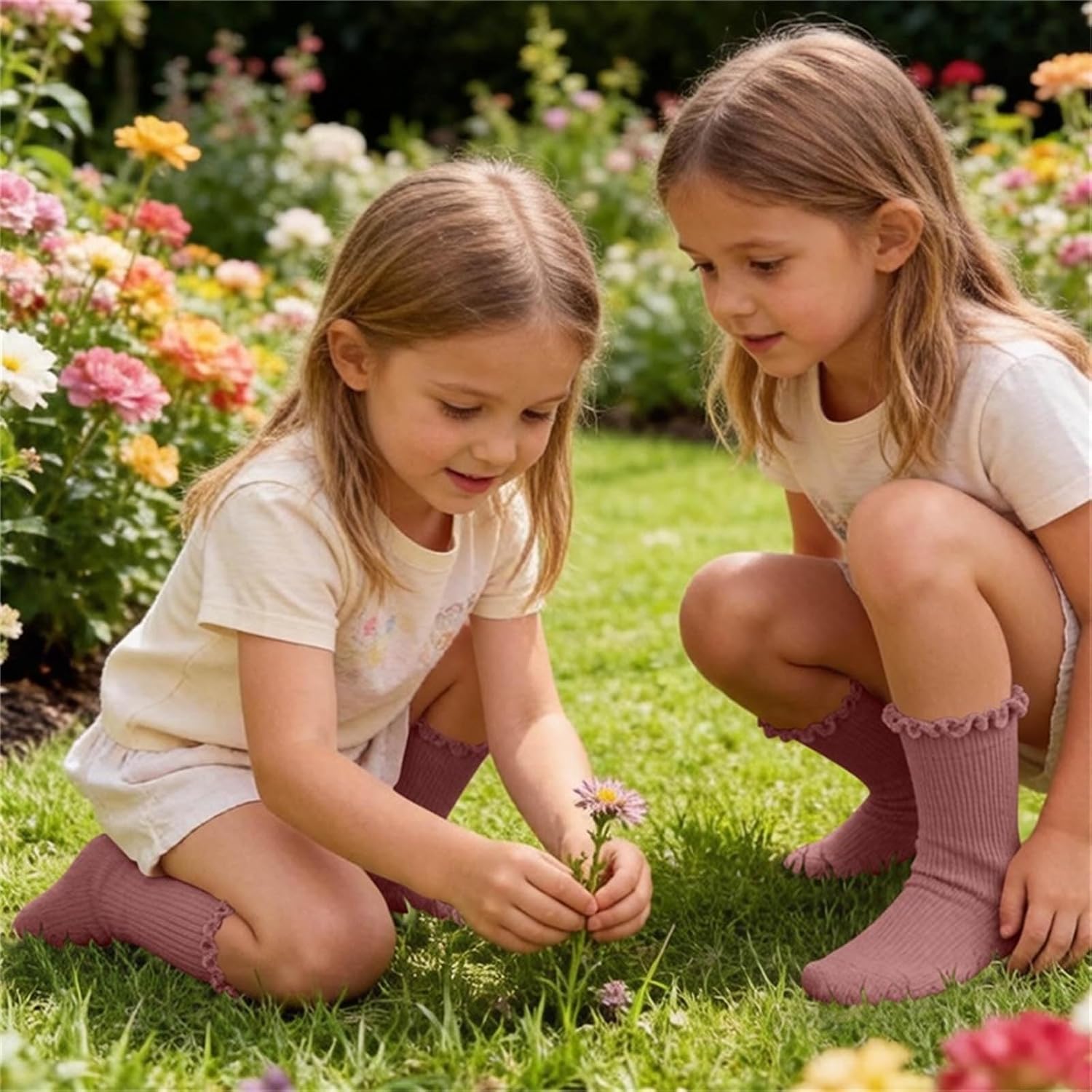 Girls Pointelle Crew Socks Ruffle Cuff Dress Socks for Loafers