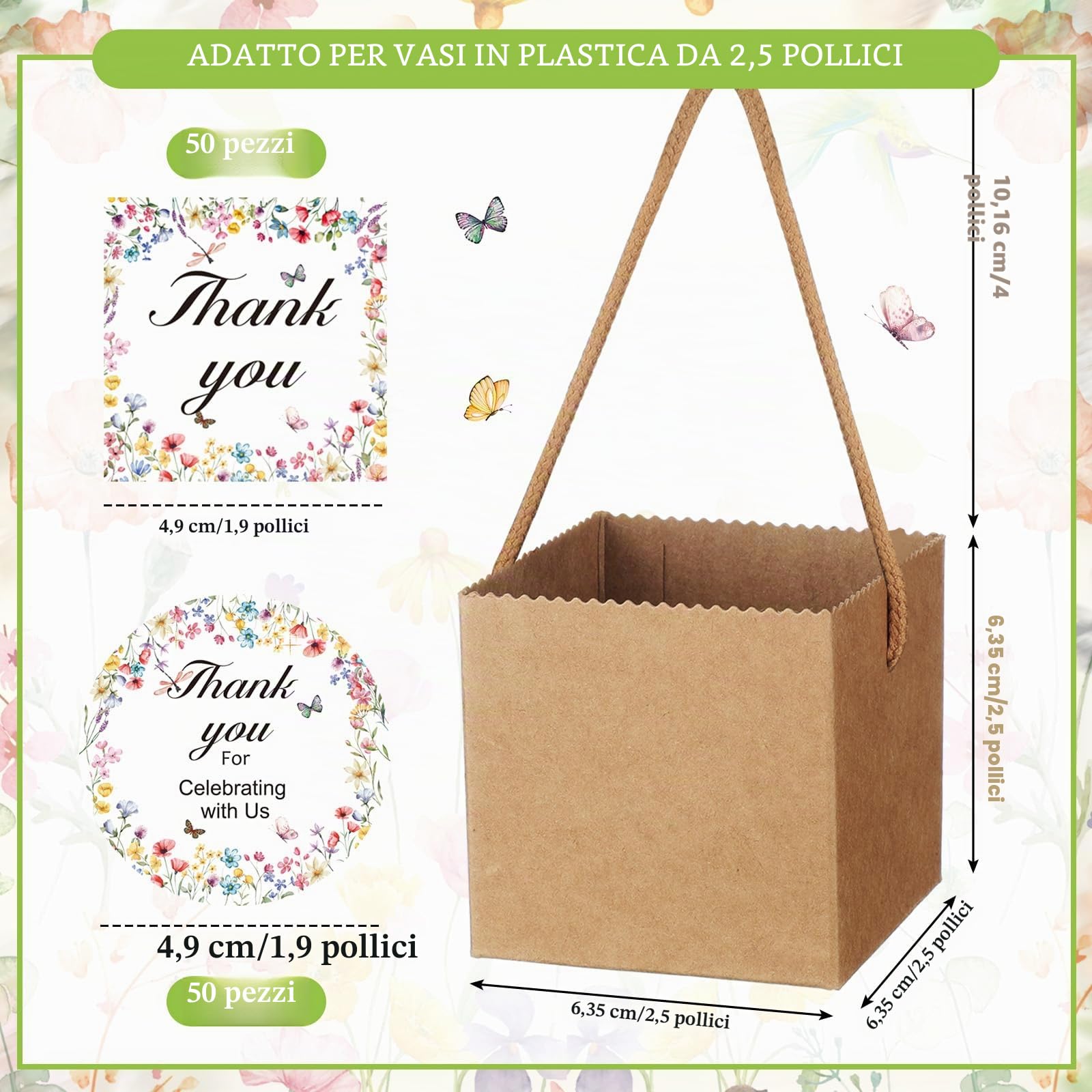 Faccito Set di 60 Sacchetti Regalo per Piante Succulente con Adesivi di Fiori Selvatici, Scatola Regalo per Piante in Carta Kraft con Manici, Adatta per Vasi da 6,35 cm, Ideale per Doccia di Benessere