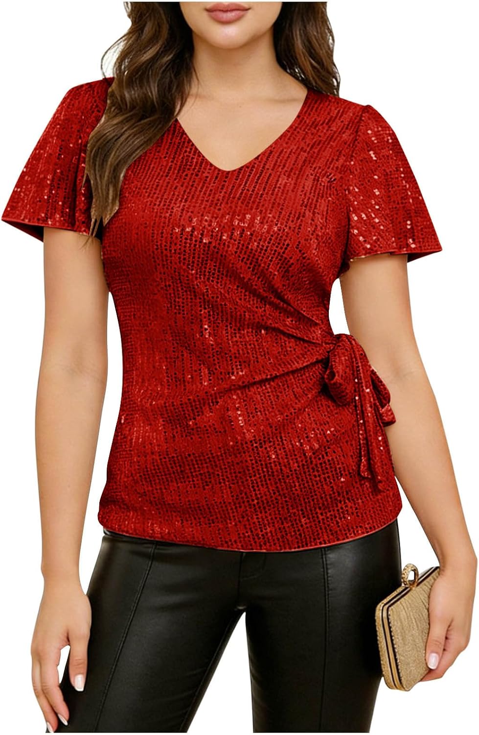 Women's V Neck Tops Sparkly Short Sleeve Club Party T Shirts Casual Solid Color Going Out Blouse Loose Summer Tees