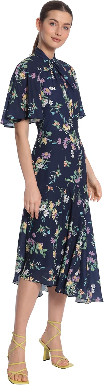 Maggy London Womens Floral Printed Flutter Sleeve Midi Dress with Twist Mock Neck and Asymmetrical Hem - Image 2