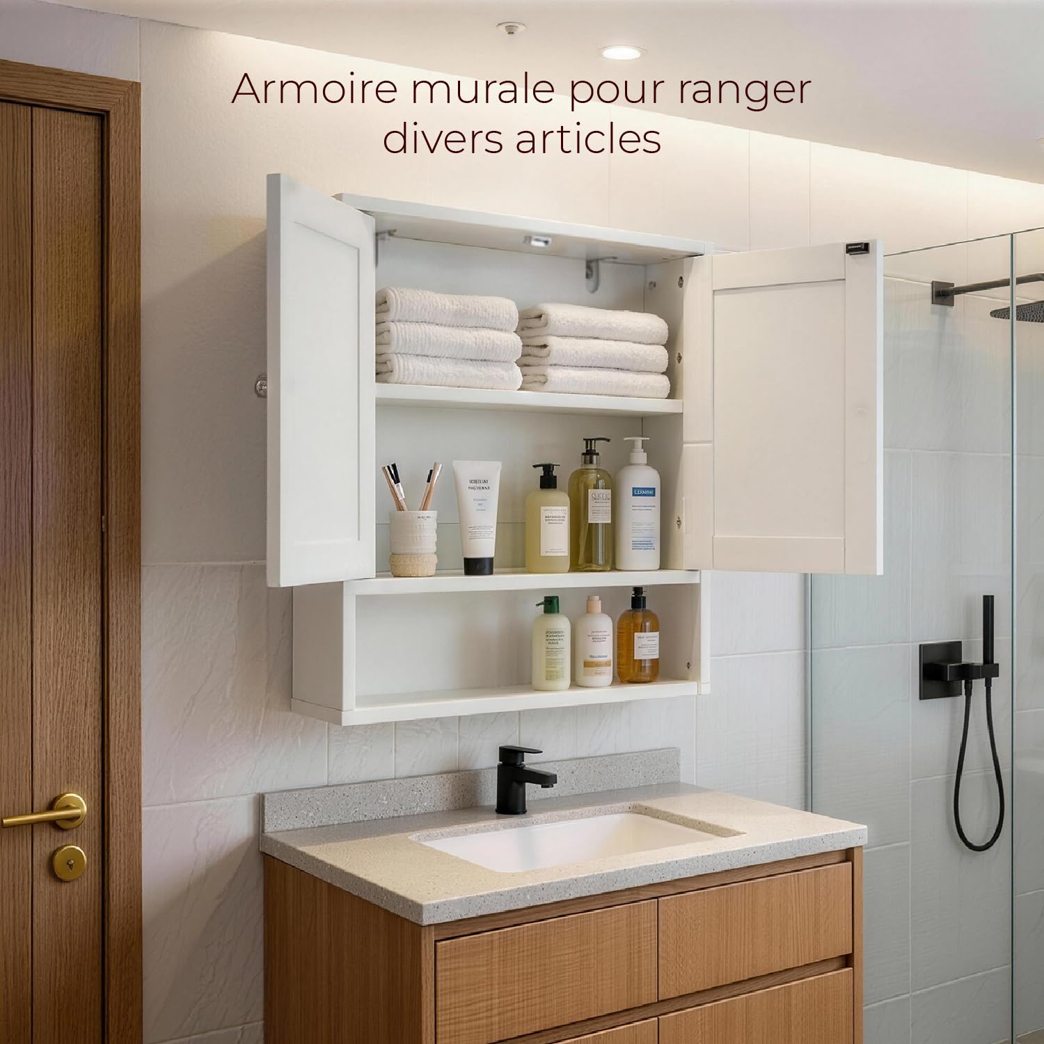 LEADZM Armoire Murale Salle de Bain, Meuble WC Suspendu avec 2 Portes, Étagère Réglable, Placard de Rangement pour Toilette, Salon (Style 2, Blanc)